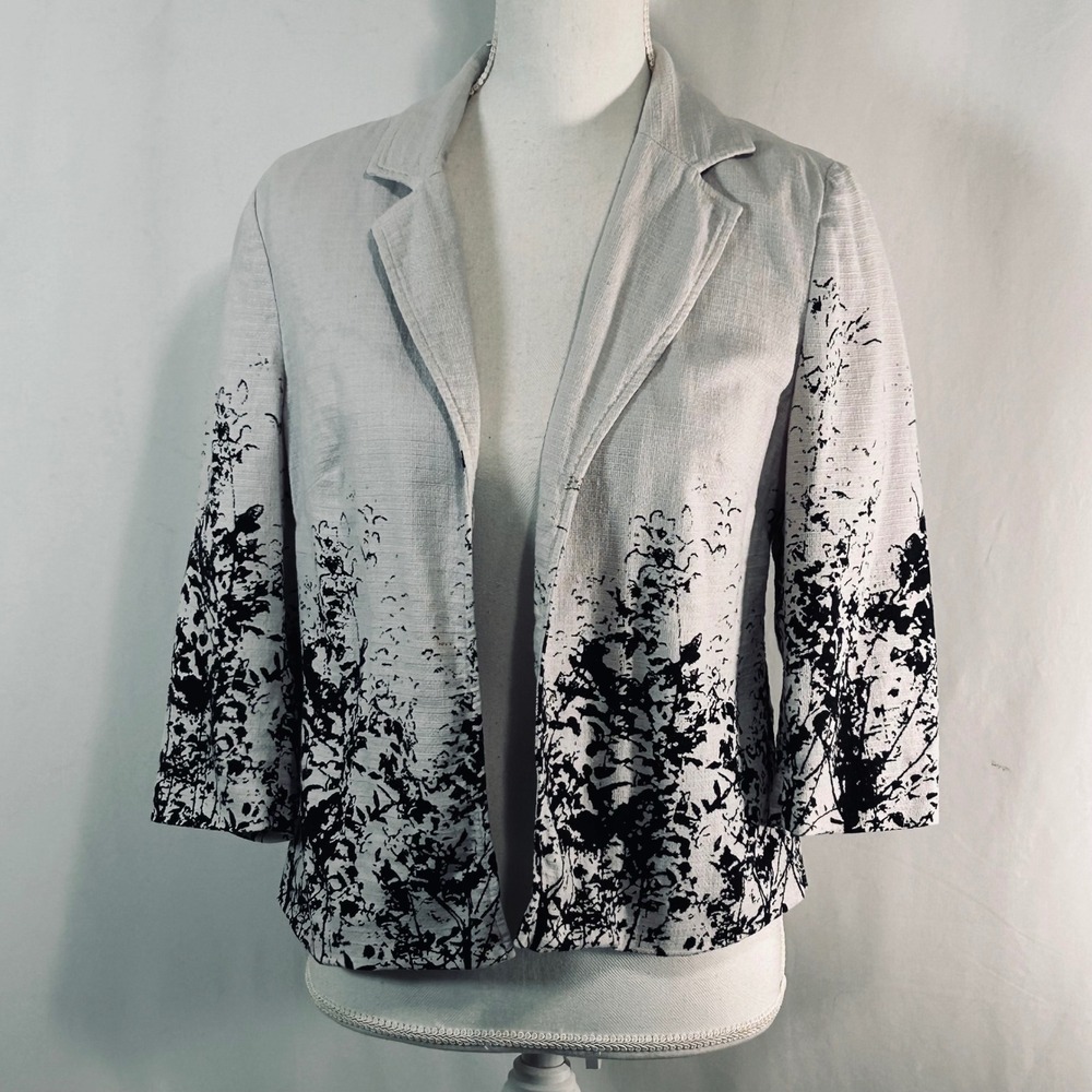 Coldwater Creek Classic Tan Black Tree Print Blazer PS 6-8 Open Front Linen